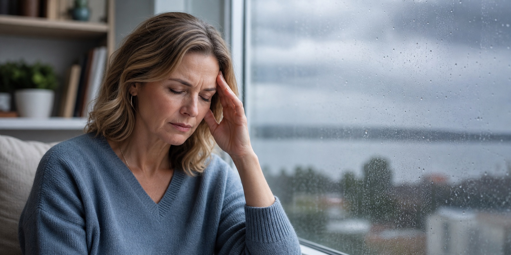 Woman with a headache near a rainy window