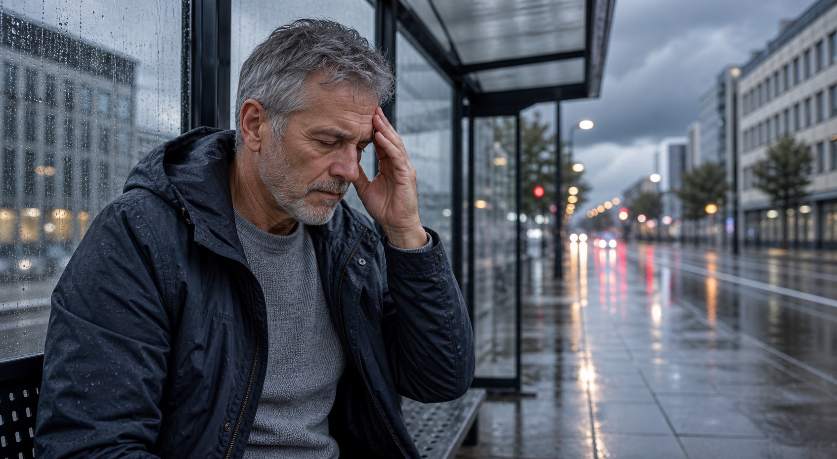 Older man touching his temple under shelter during heavy rain
