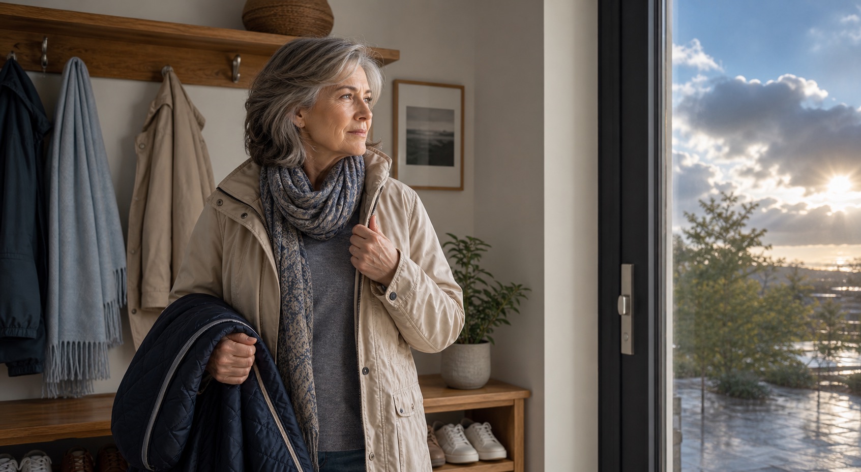 Woman over 50 adjusting layered clothing during changing weather