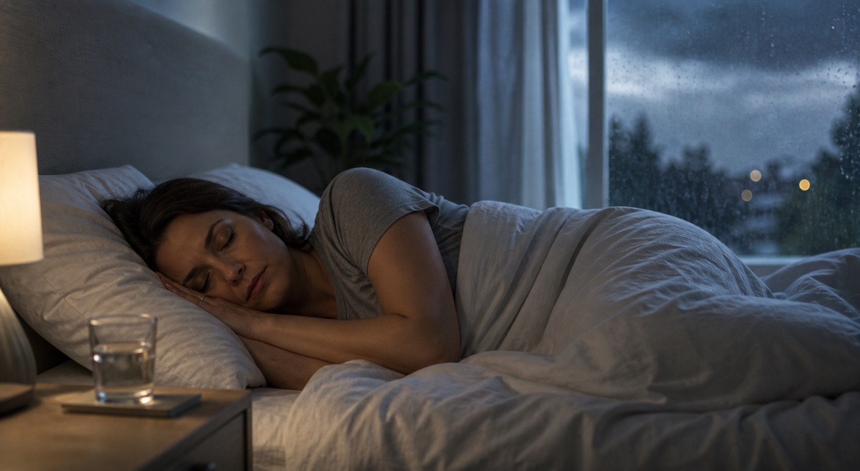 Person resting in bed during rainy weather that may affect sleep