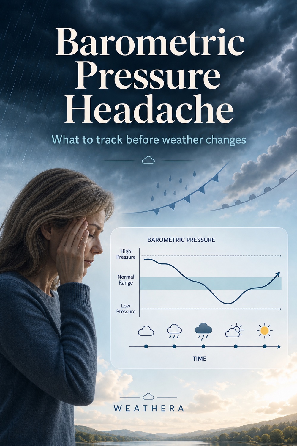 Barometric pressure headache infographic with a pressure-change chart moving from storm clouds toward clearer weather