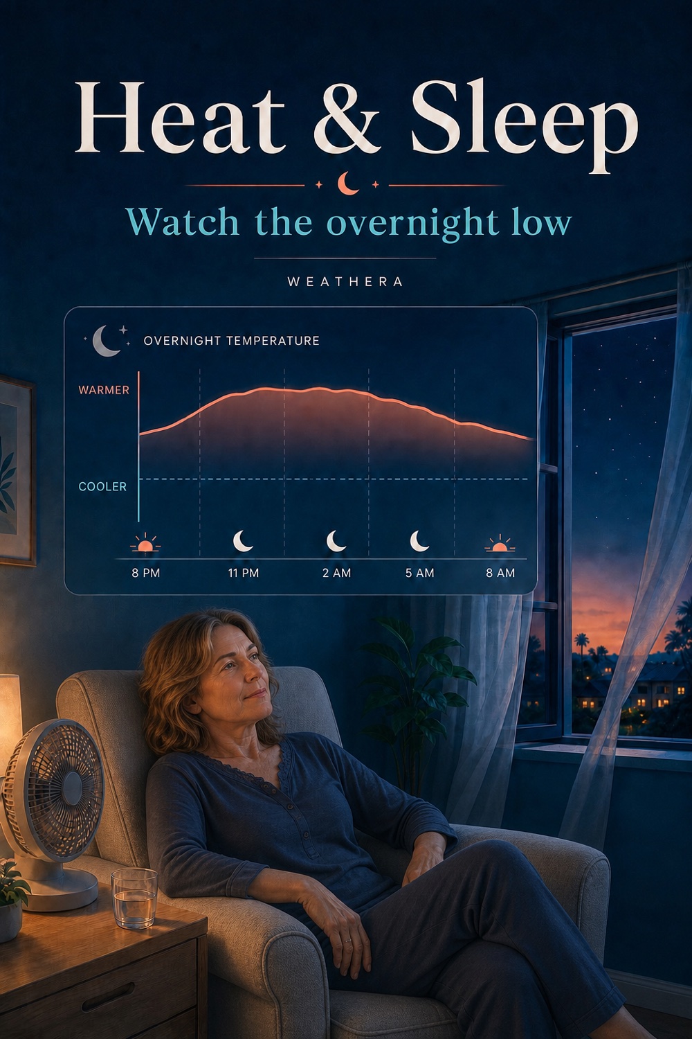 Heat and sleep infographic with a warm bedroom and an overnight temperature curve that stays elevated