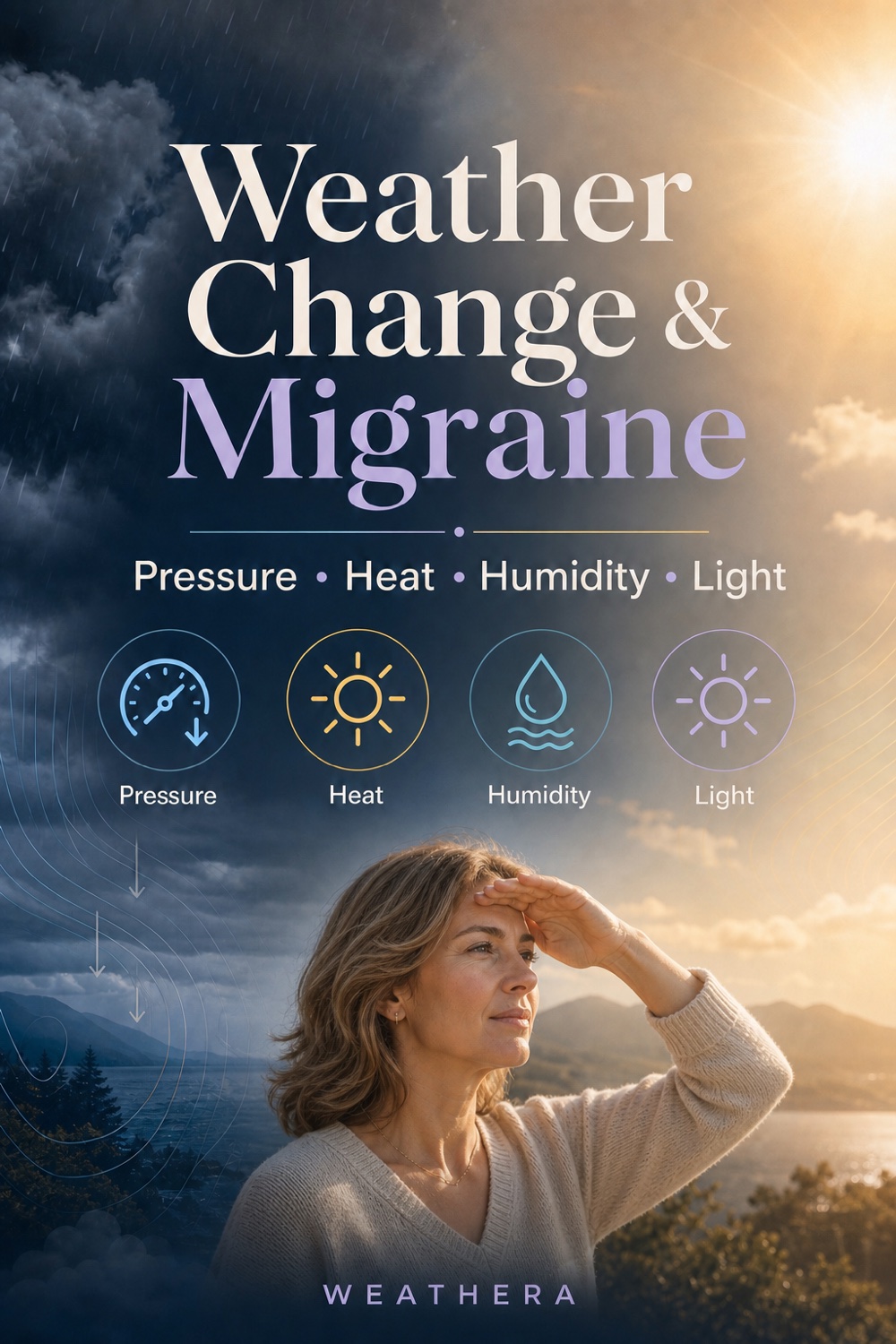 Weather change and migraine infographic showing pressure, heat, humidity and light across stormy and sunny weather